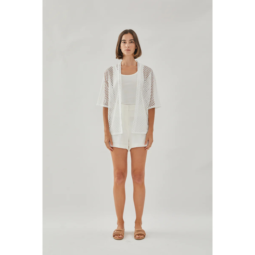 Textured Kimono Outer Cardigan Eyelet Pattern Open Front White S